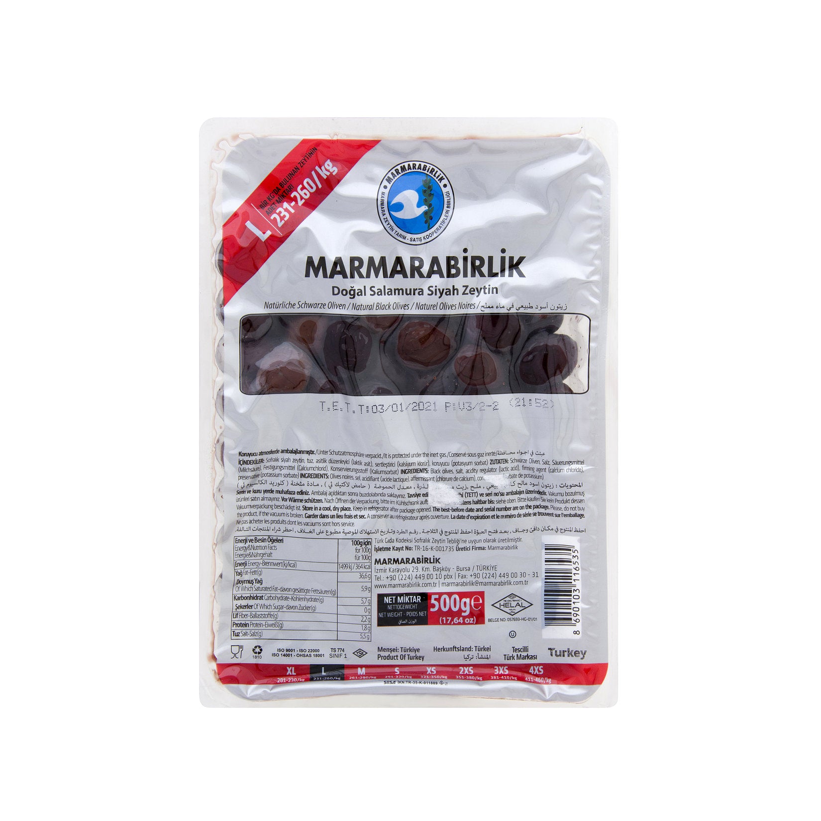 M.BİRLİK Zeytin Vakumlu Hiper 231-260 (L) 500 Gr - Batman Sanal Market