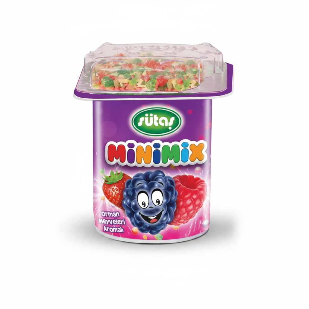 Sütaş Minimix Orman Meyveleri Aromalı Yoğurt, lezzetli meyve aroması ve renkli çıtır parçacıklarıyla çocuklar için keyifli bir atıştırmalıktır.